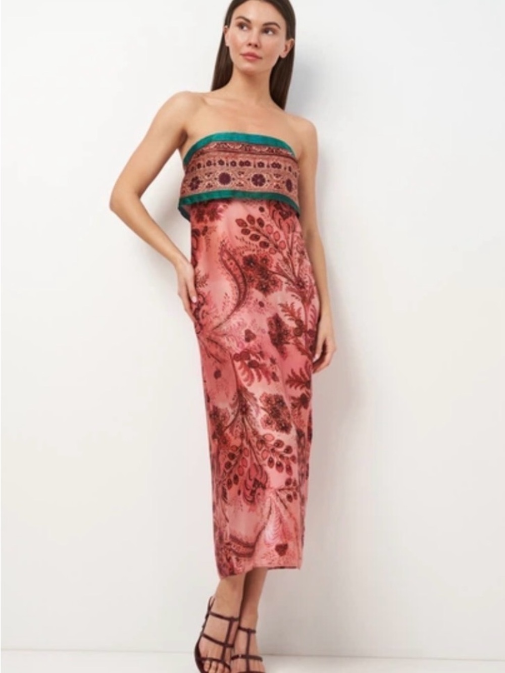 Zara M Strapless Pink Paisley Midi Dress